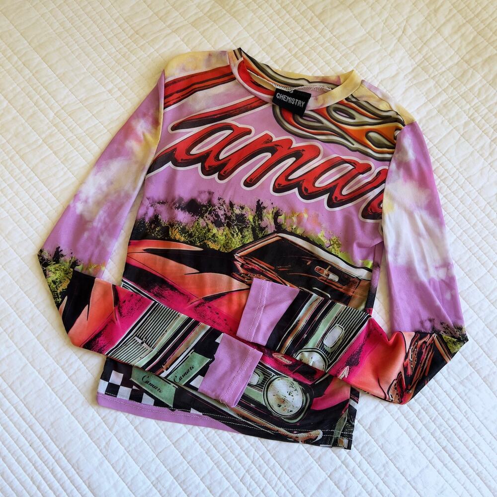 CHEMISTRY Pink Mesh Long Sleeve Shirt Size Small Red Camaro
